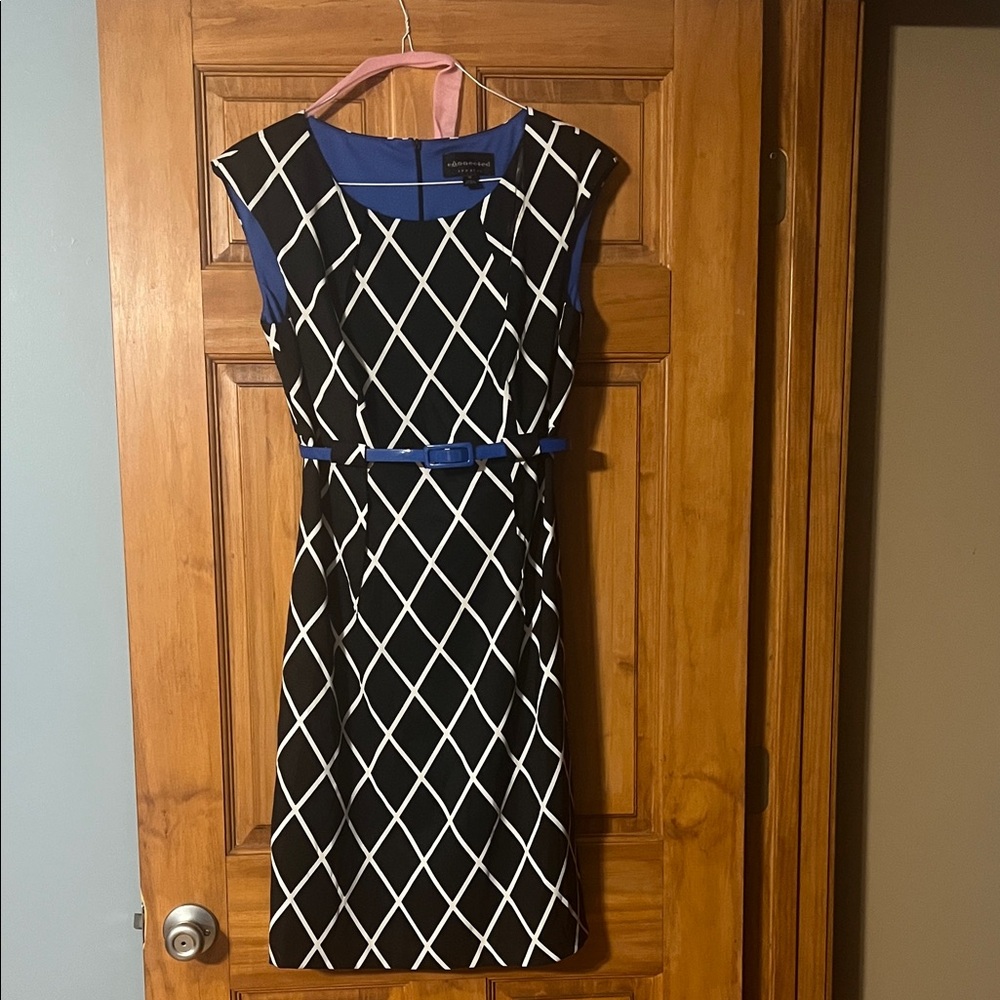 Connected Apparel Black and White Diamond Midi Dress with Blue Accents